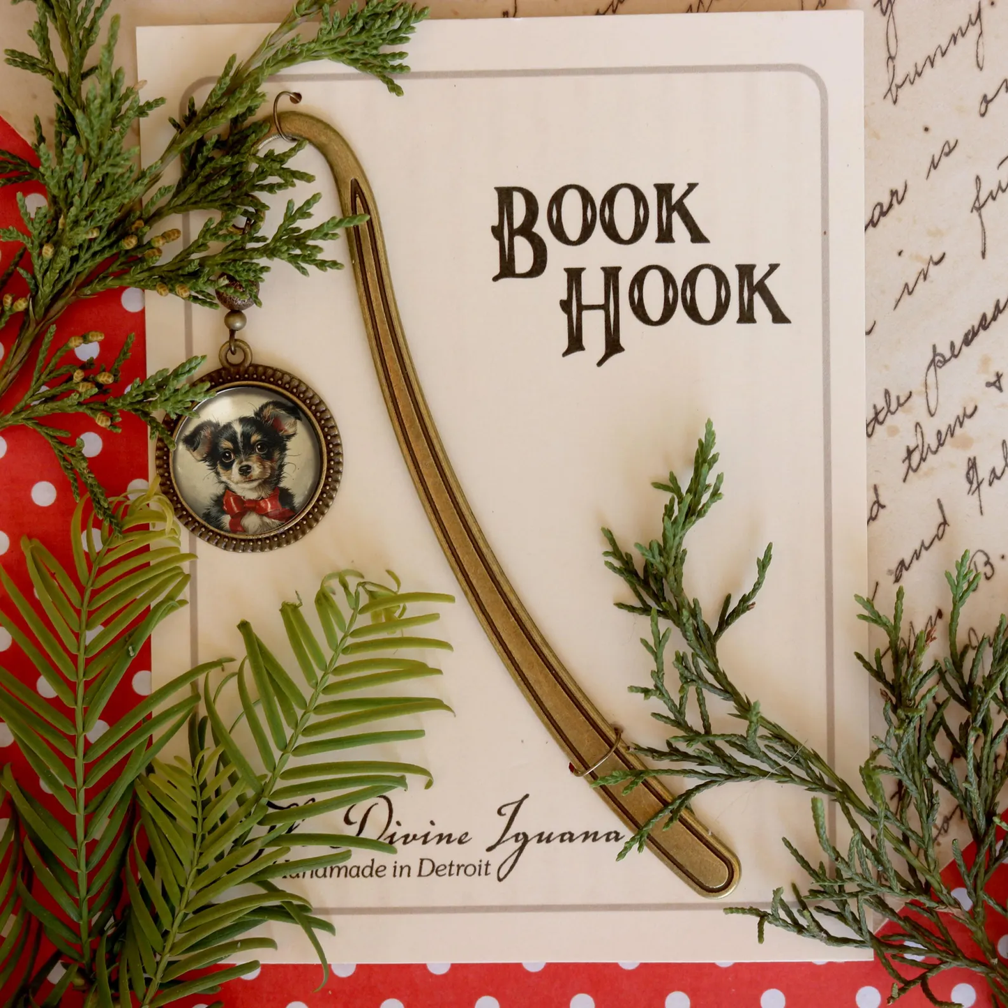 Chihuahua Dog in a Red Bow Bookmark - Christmas Puppy - Bronze and Glass Cabochon