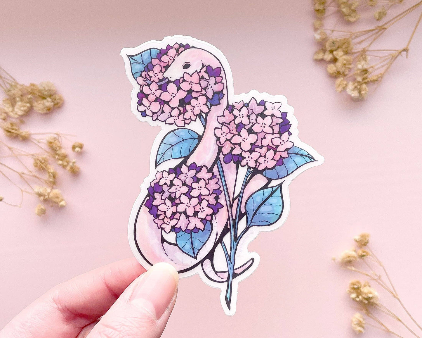 Snake and Pink Hydrangeas Sticker - Clear Vinyl