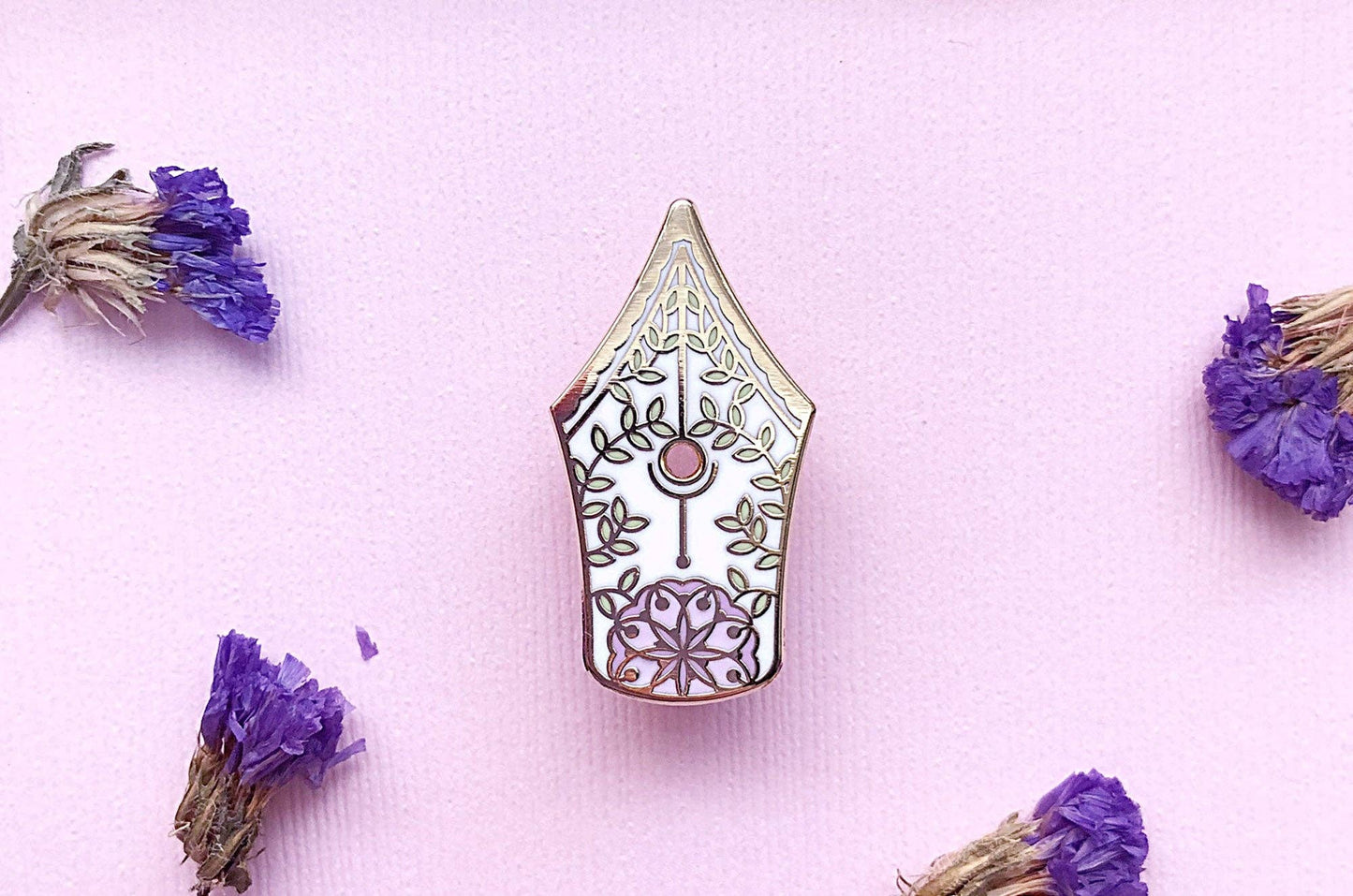 Floral Fountain Pen Enamel Pin - Gold Plated Base