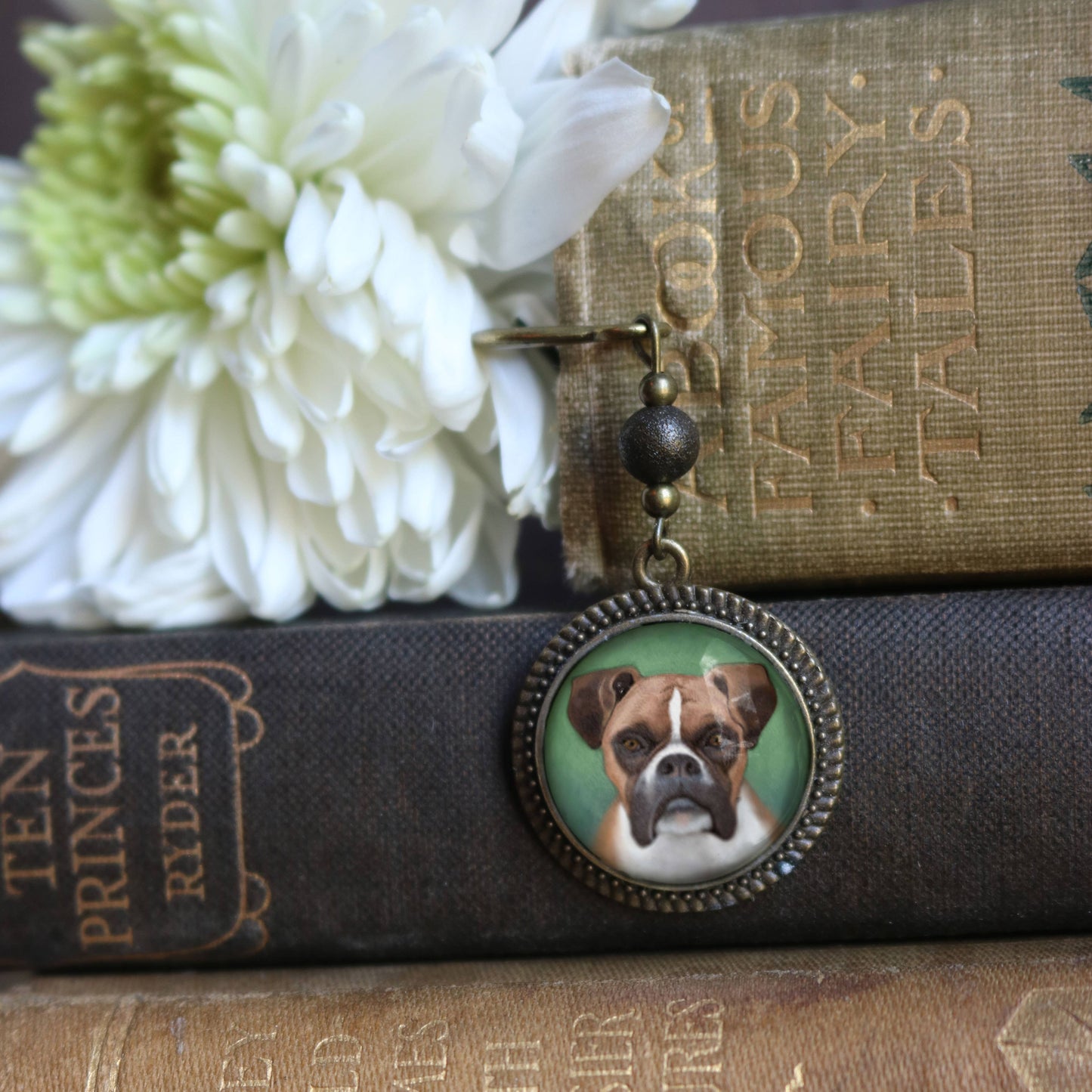 Boxer Dog Bookmark - "Best Friends" - Bronze and Glass Cabochon Book Hook