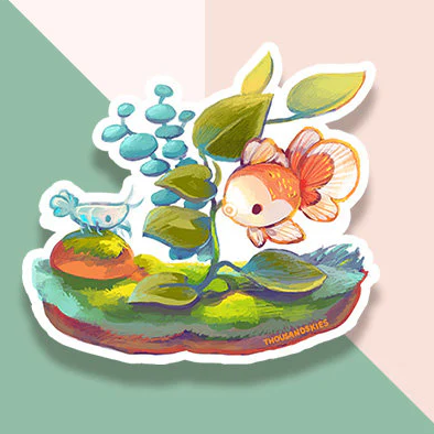 Oranda Fish and Shrimp Sticker - Waterproof Vinyl