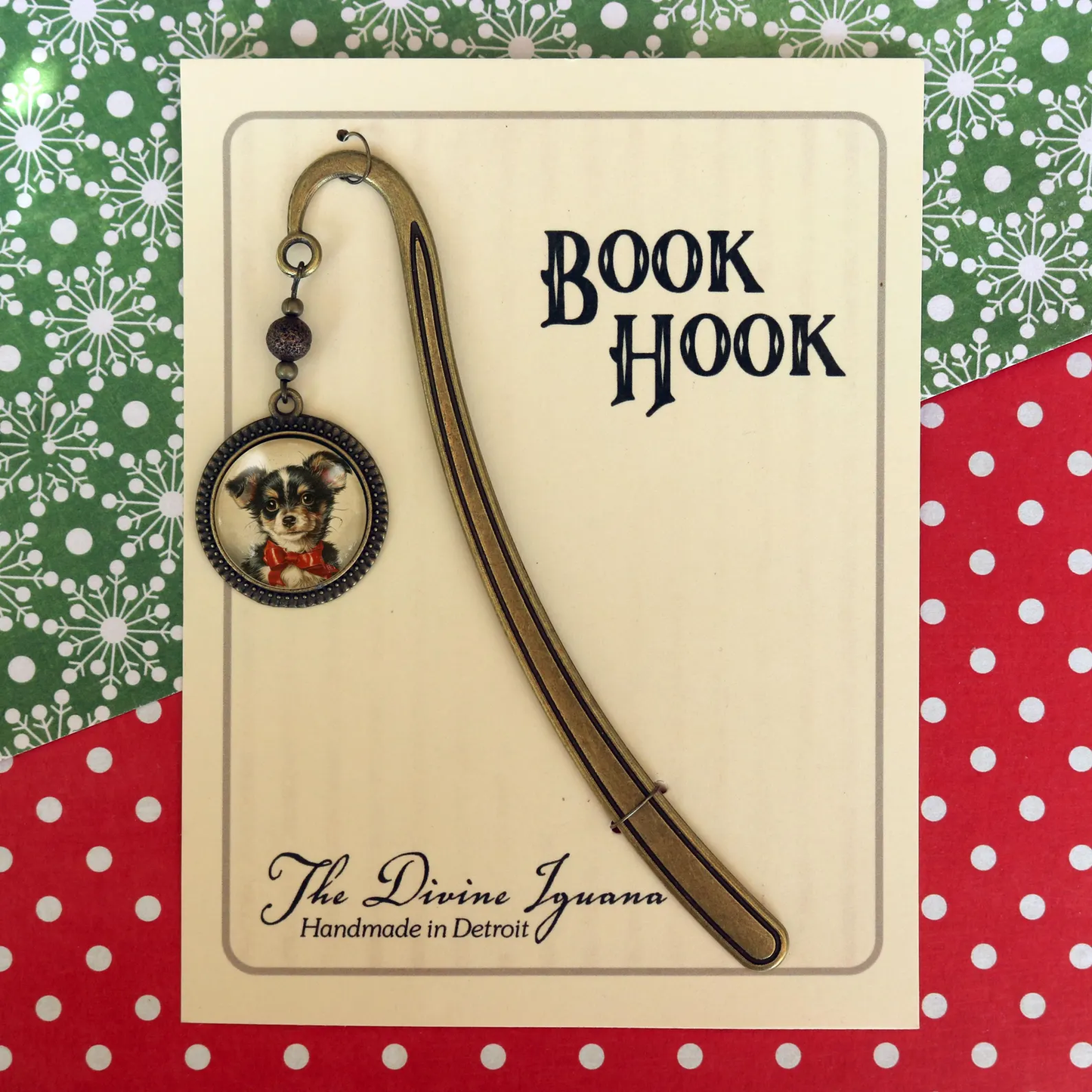 Chihuahua Dog in a Red Bow Bookmark - Christmas Puppy - Bronze and Glass Cabochon