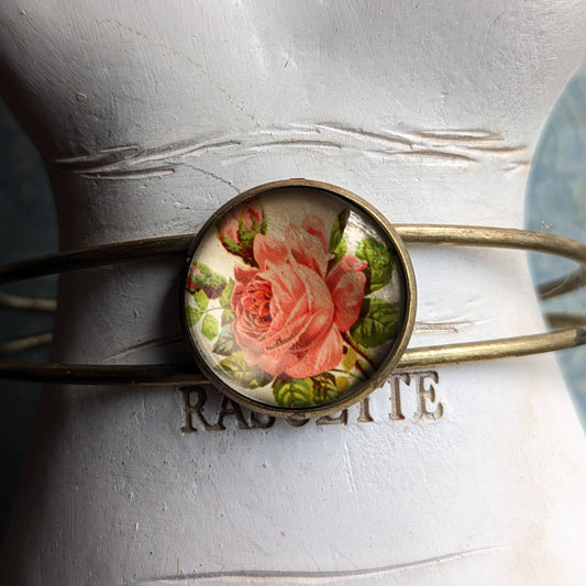 Red Rose Cuff Bracelet - Romantic - Bronze and Glass Cabochon