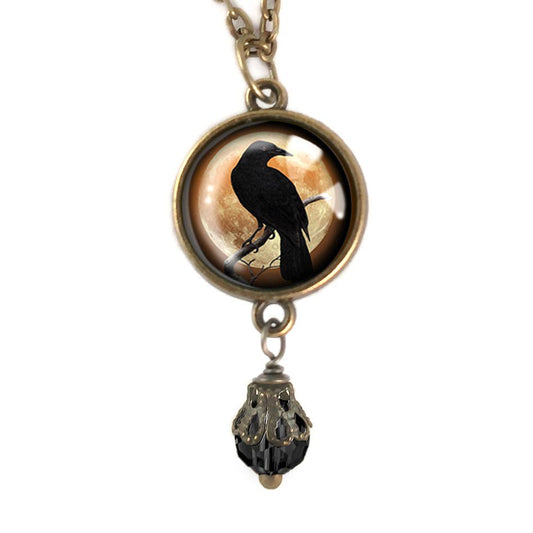 Orange Raven Necklace with Bead - Goth - Halloween