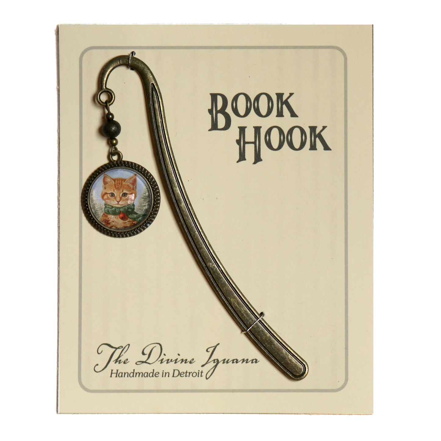 Orange Tabby Cat Bookmark - Christmas - Bronze and Glass Cabochon