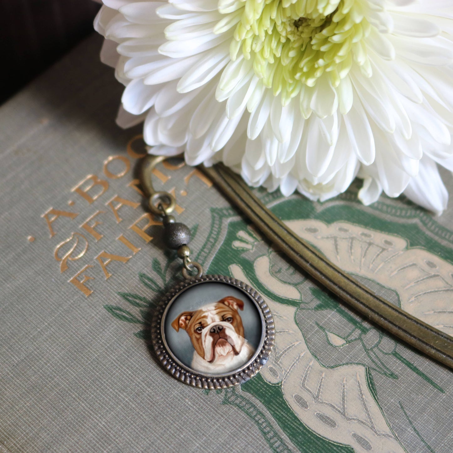 English Bulldog Bookmark - "Best Friends" - Bronze and Glass Cabochon Book Hook