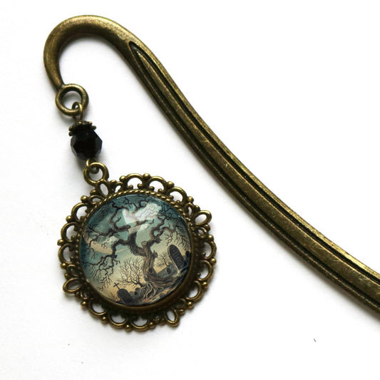 Haunted Tree Gothic Bookmark - Halloween - Bronze and Glass Cabochon Book Hook