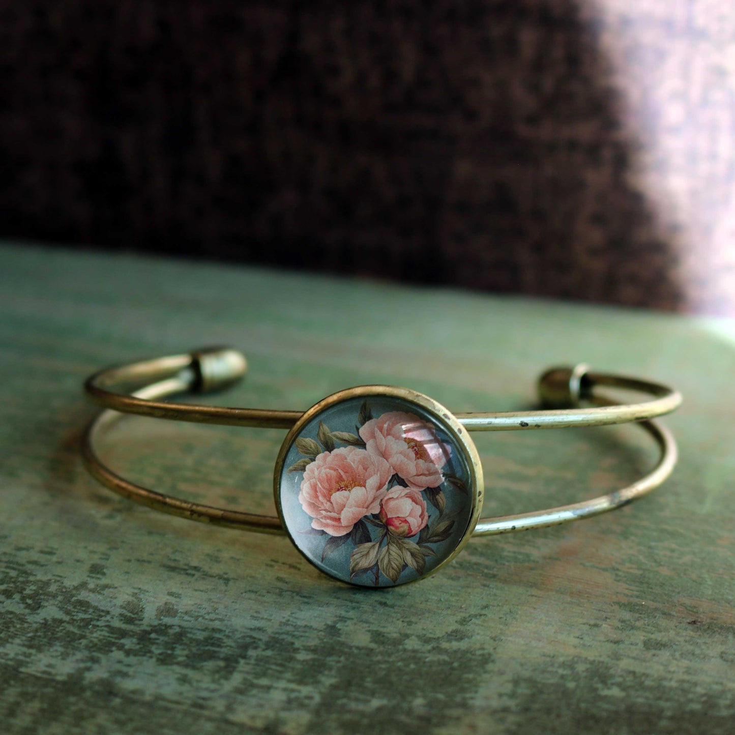 Pink Peony Cuff Bracelet - Spring - Glass Cabochon - Indiana State Flower