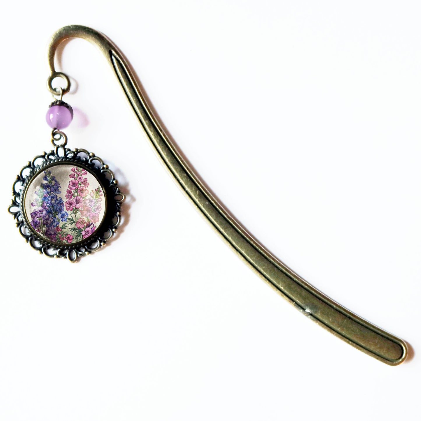 Larkspur Flower Bookmark - Delphinium - Bronze and Glass Cabochon