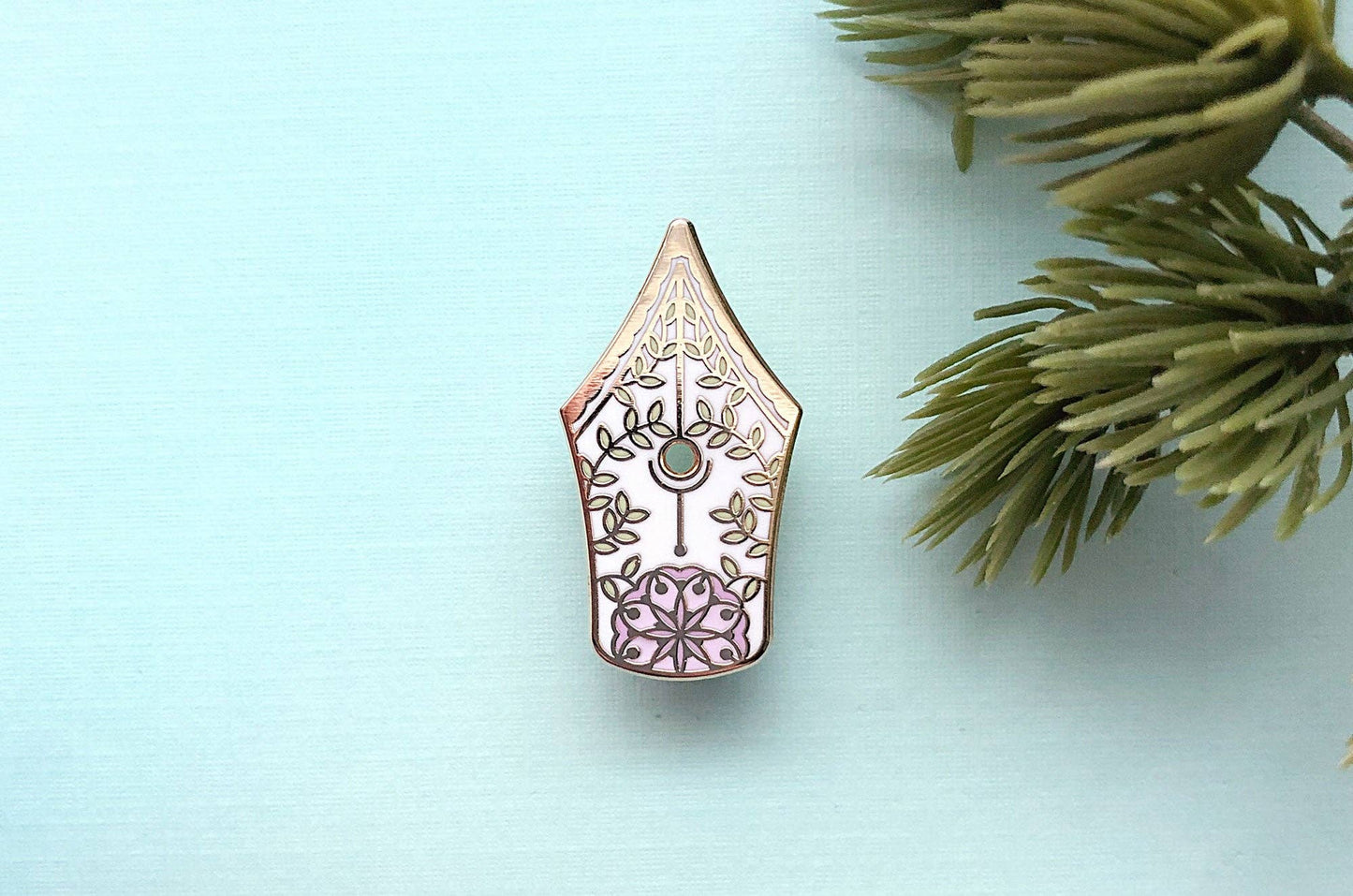 Floral Fountain Pen Enamel Pin - Gold Plated Base