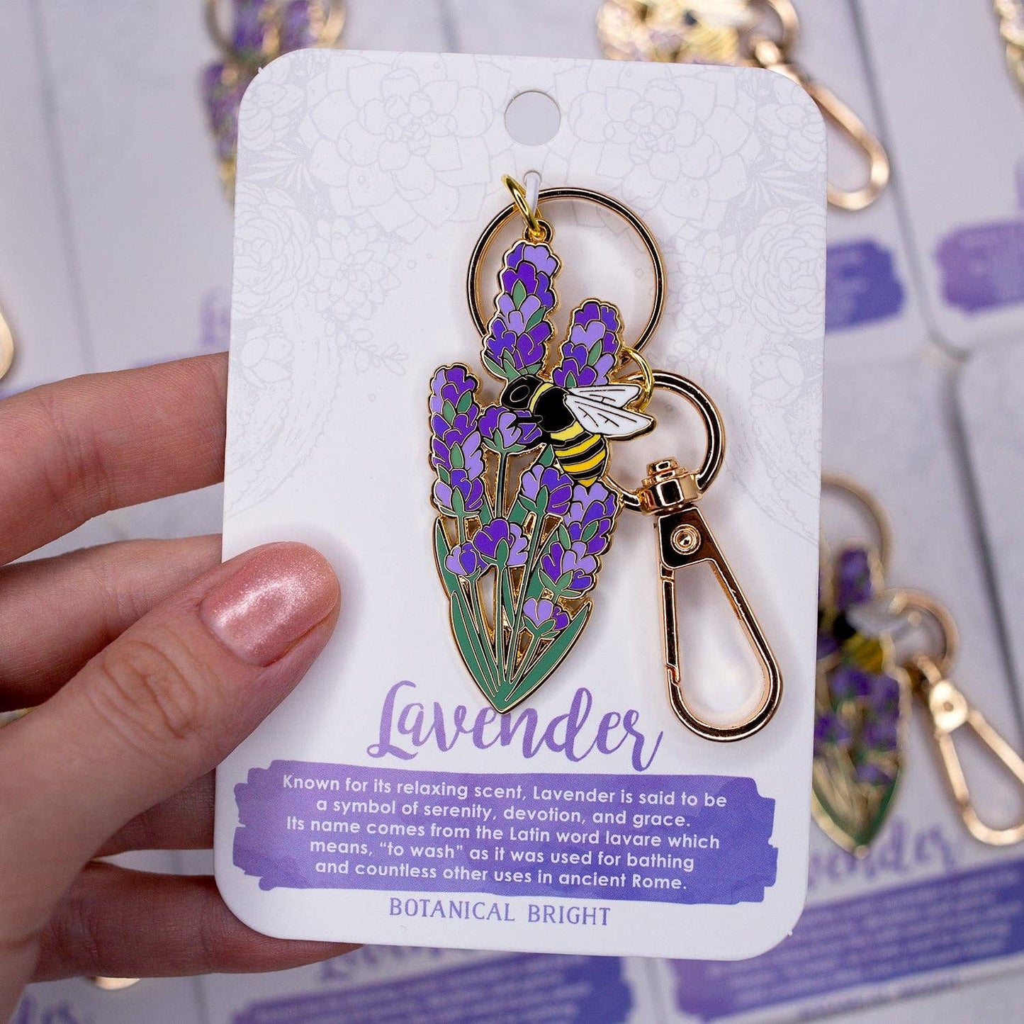 Bee and Lavender Flower Enamel Keychain with Key Clip