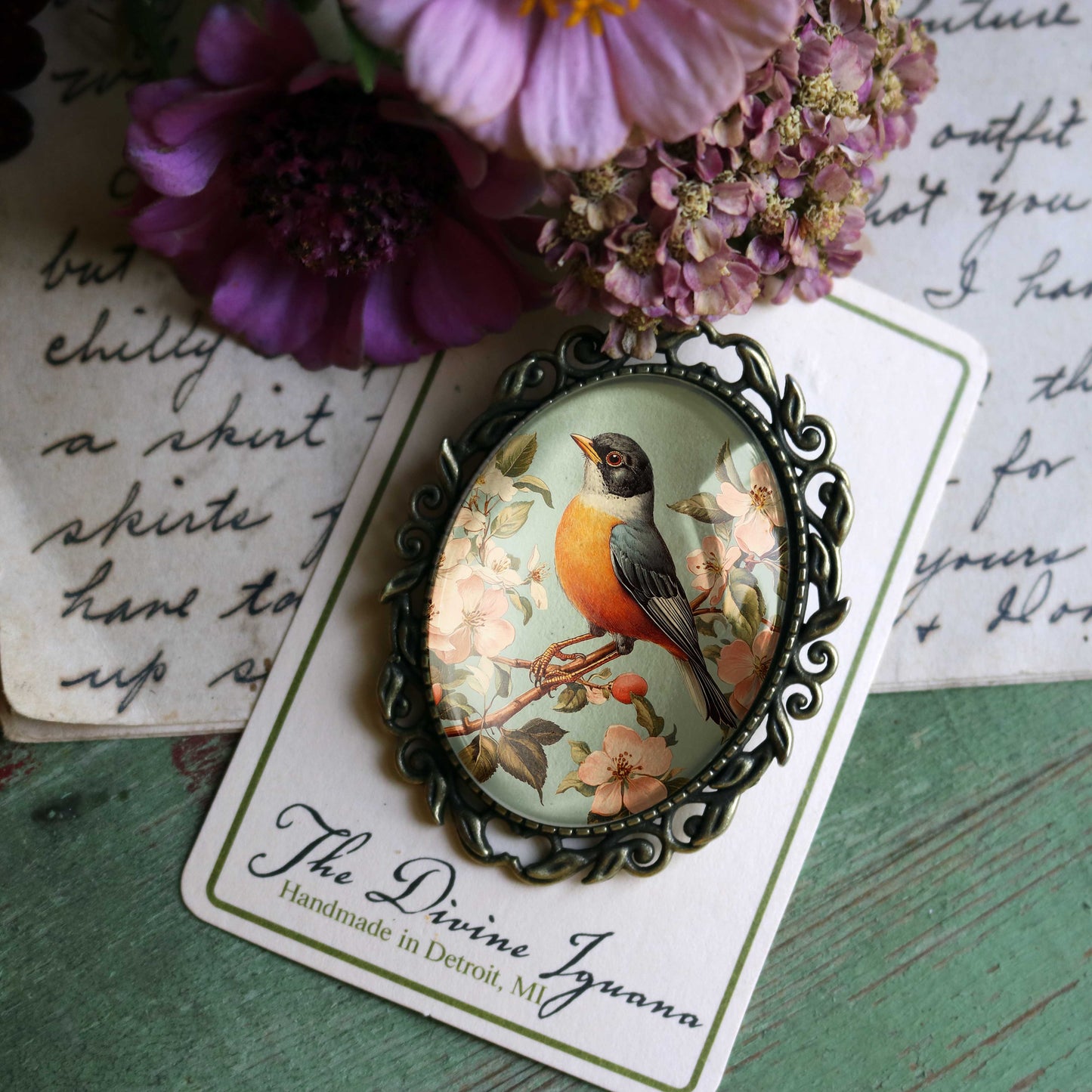 Vintage Robin Brooch - Large Oval - Spring - Bird - Glass Cabochon