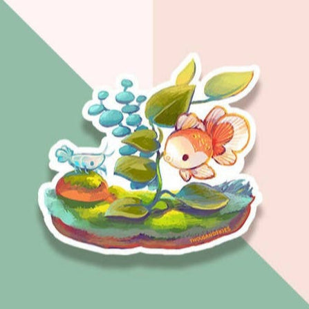 Oranda Fish and Shrimp Sticker - Waterproof Vinyl