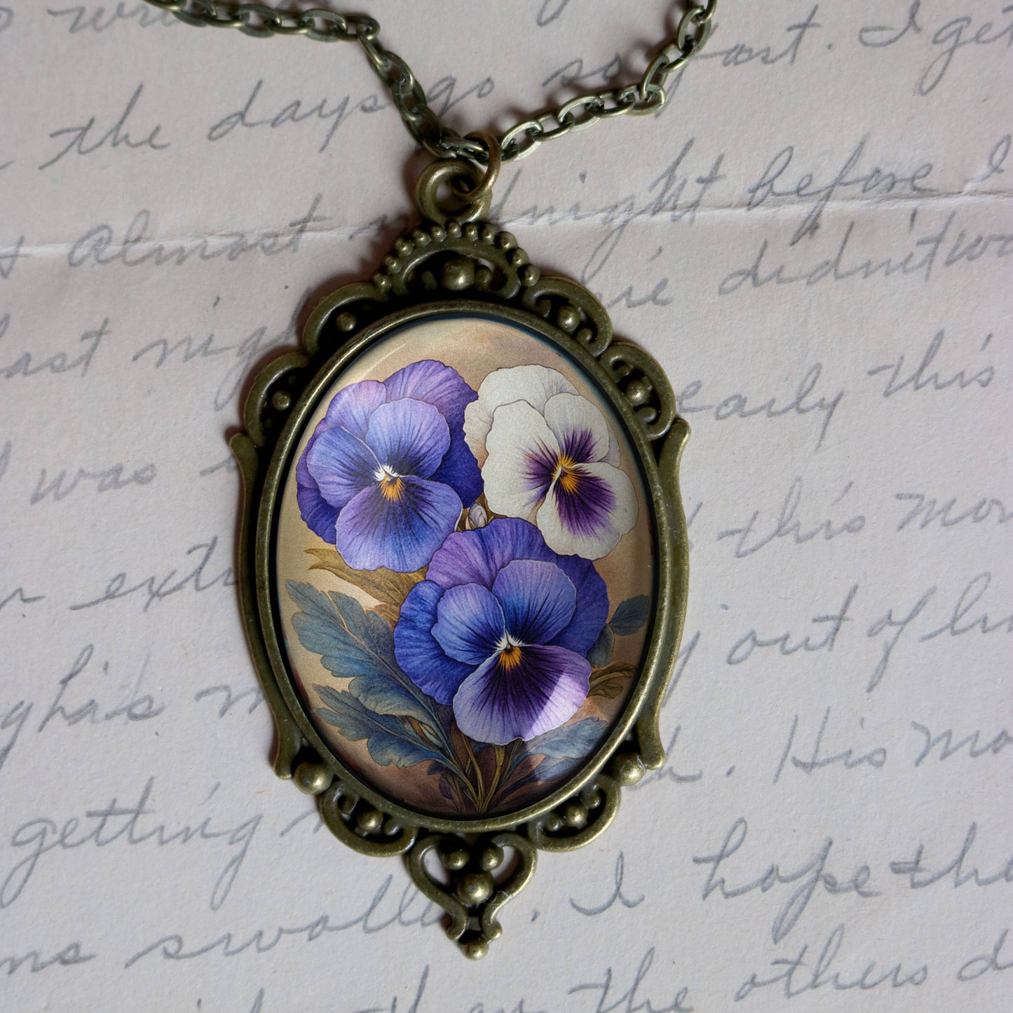 Purple Pansies Ornate Pendant Necklace - Spring Floral - Oval