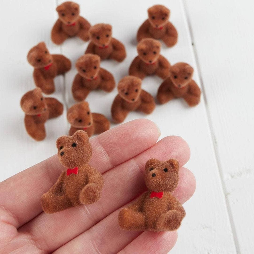 Miniature Flocked Brown Bear Figurines with Red Bows - Crafts, Displays, & Dioramas