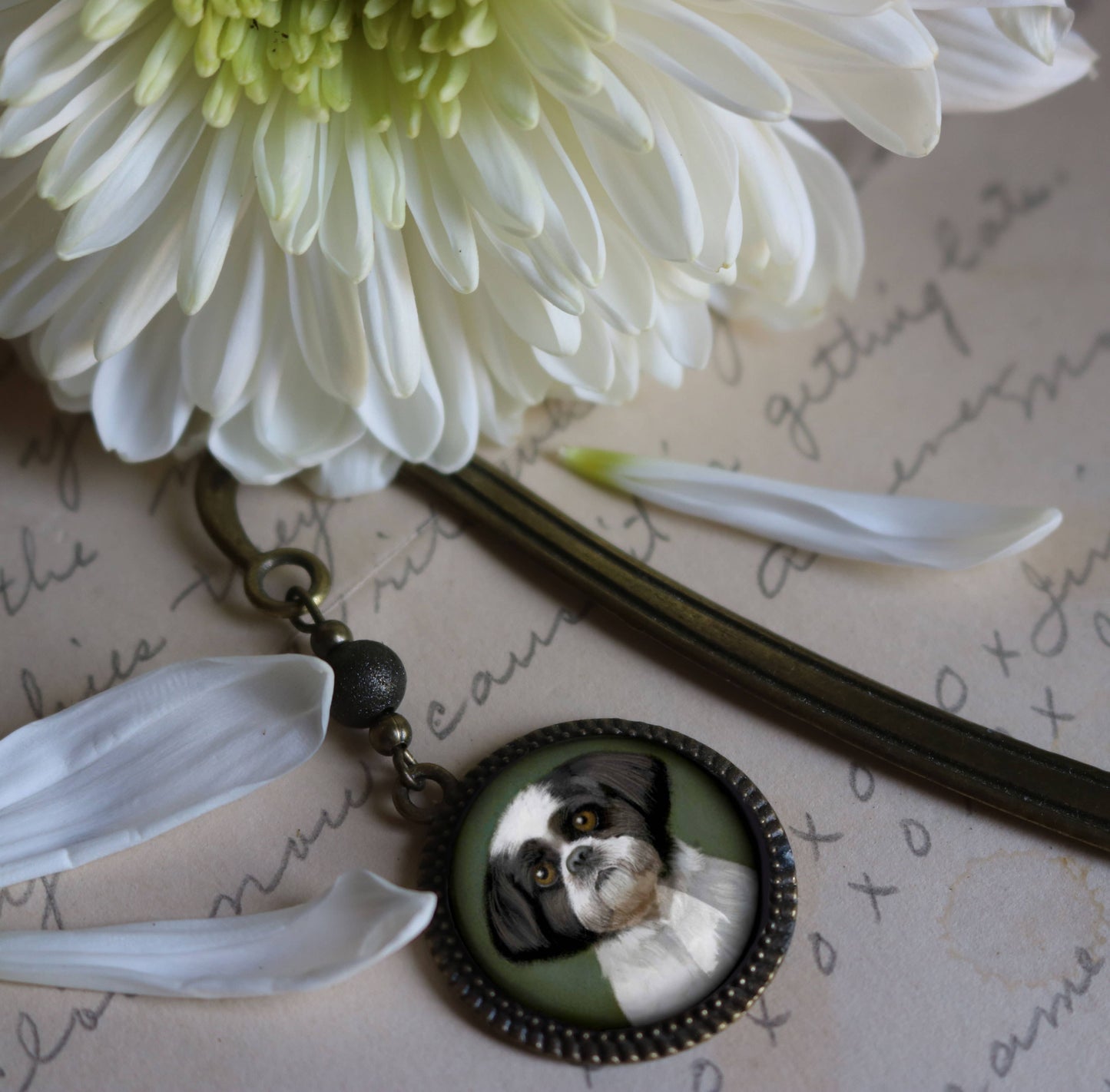 Shitzu Dog Bookmark - "Best Friends" - Bronze and Glass Cabochon Book Hook