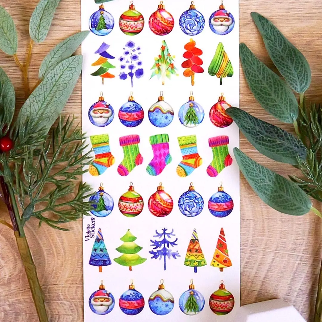 Watercolor Christmas Stickers - Festive Holiday Sticker Sheet - Colorful Winter Crafts