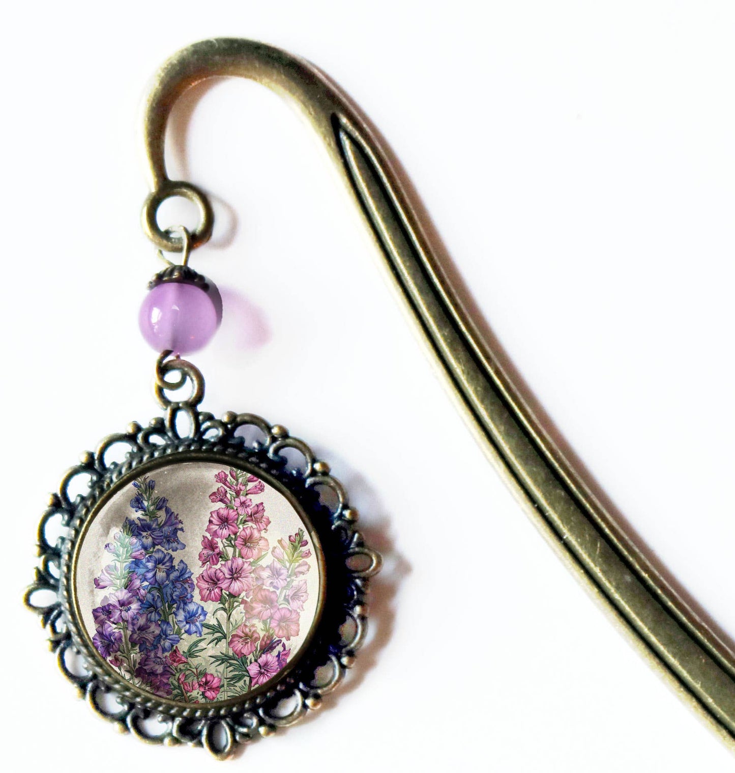 Larkspur Flower Bookmark - Delphinium - Bronze and Glass Cabochon