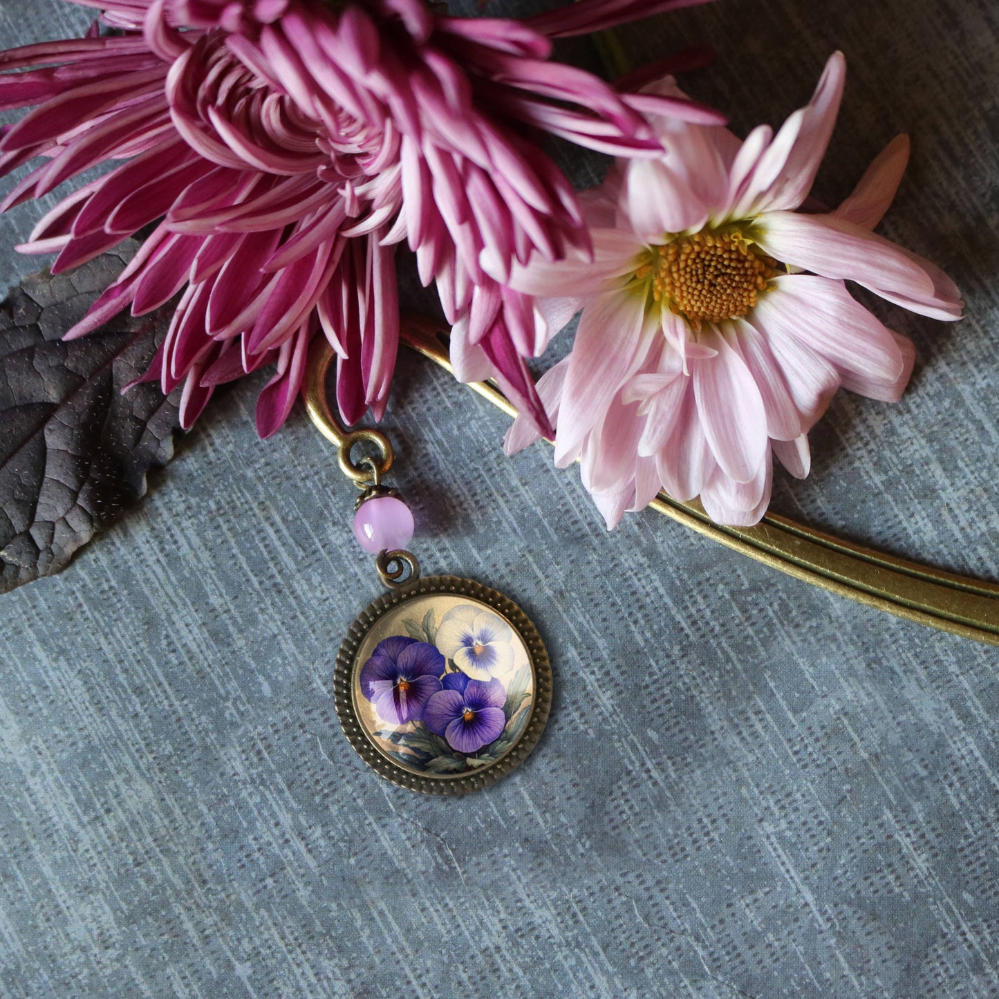 Purple Pansies Flowers Bookmark - Spring Floral - Bronze