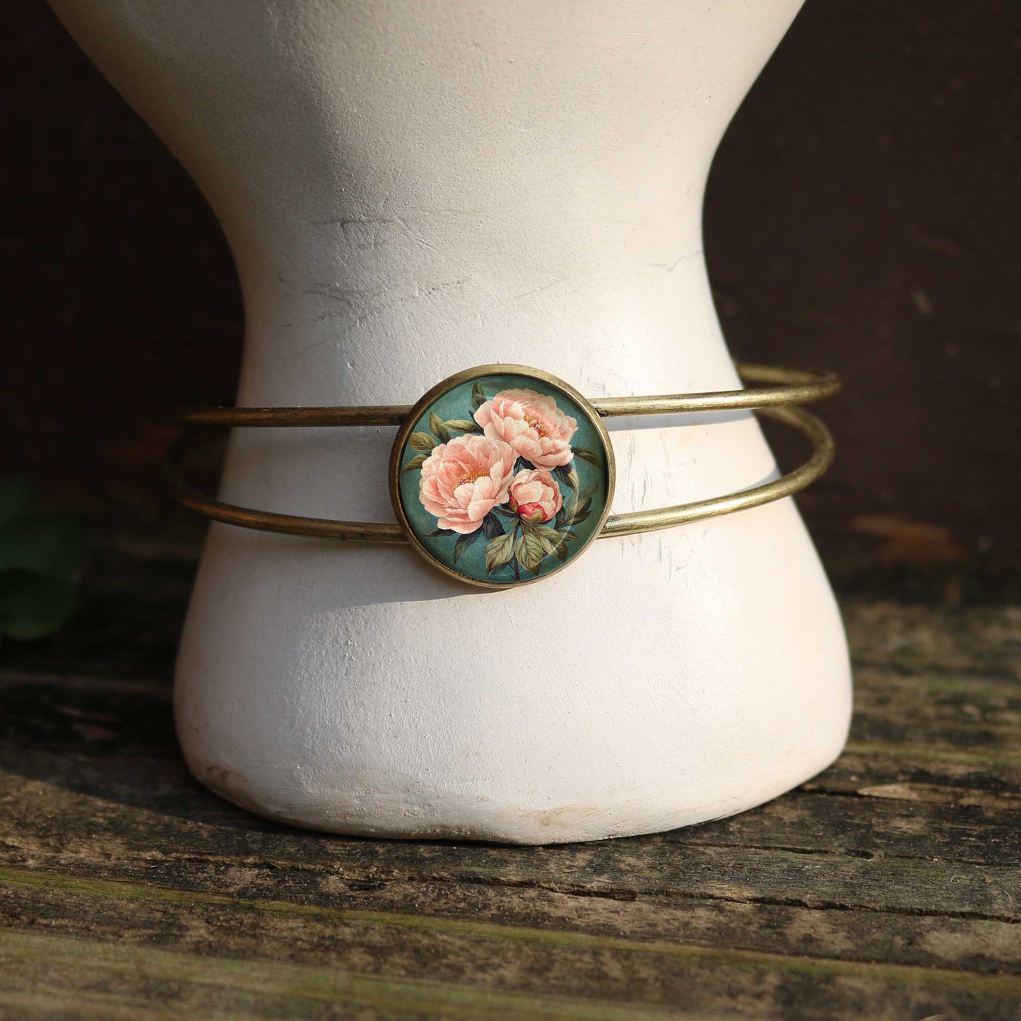 Pink Peony Cuff Bracelet - Spring - Glass Cabochon - Indiana State Flower