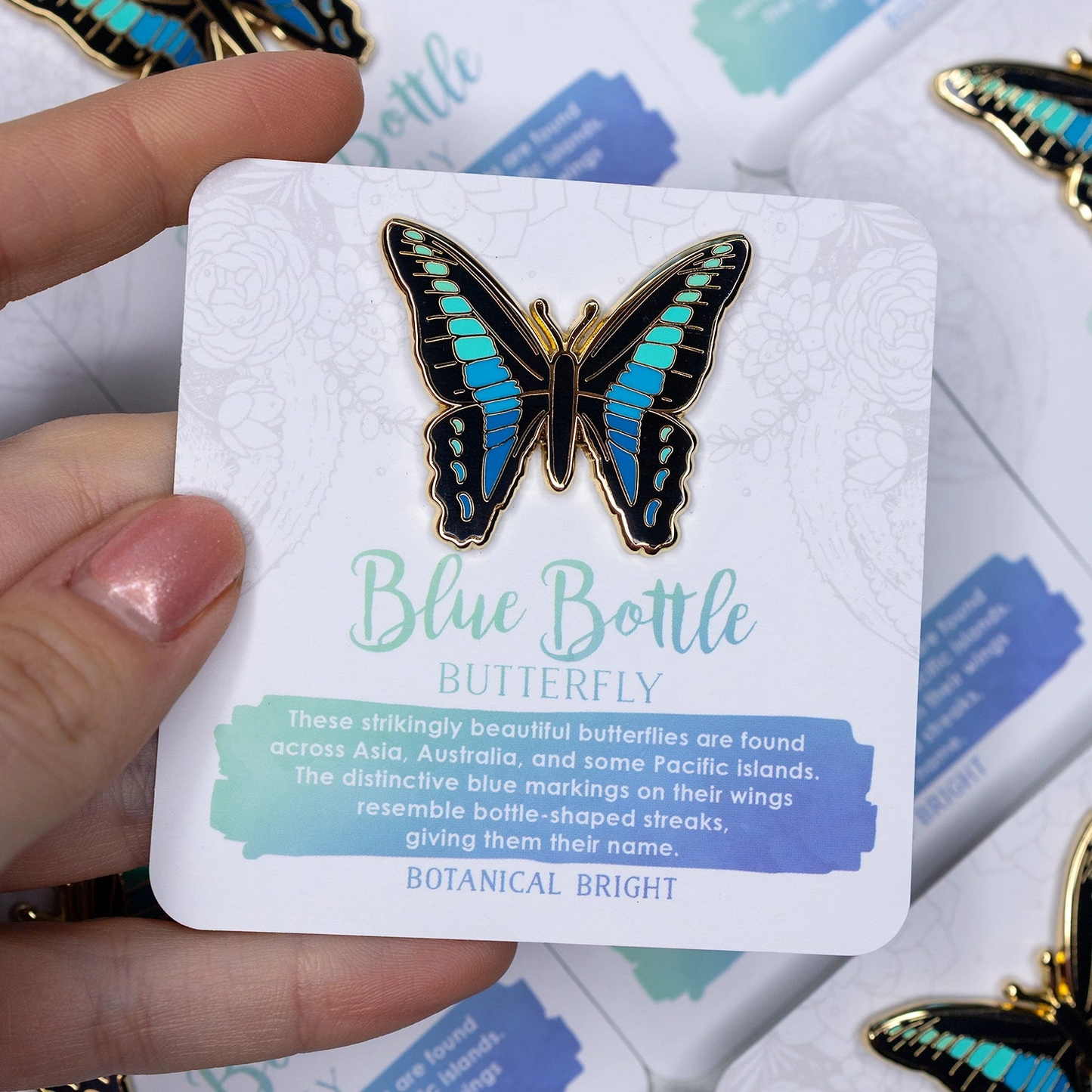 Blue Bottle Butterfly Enamel Pin - Gold Plated Nature Jewelry - Insect Brooch