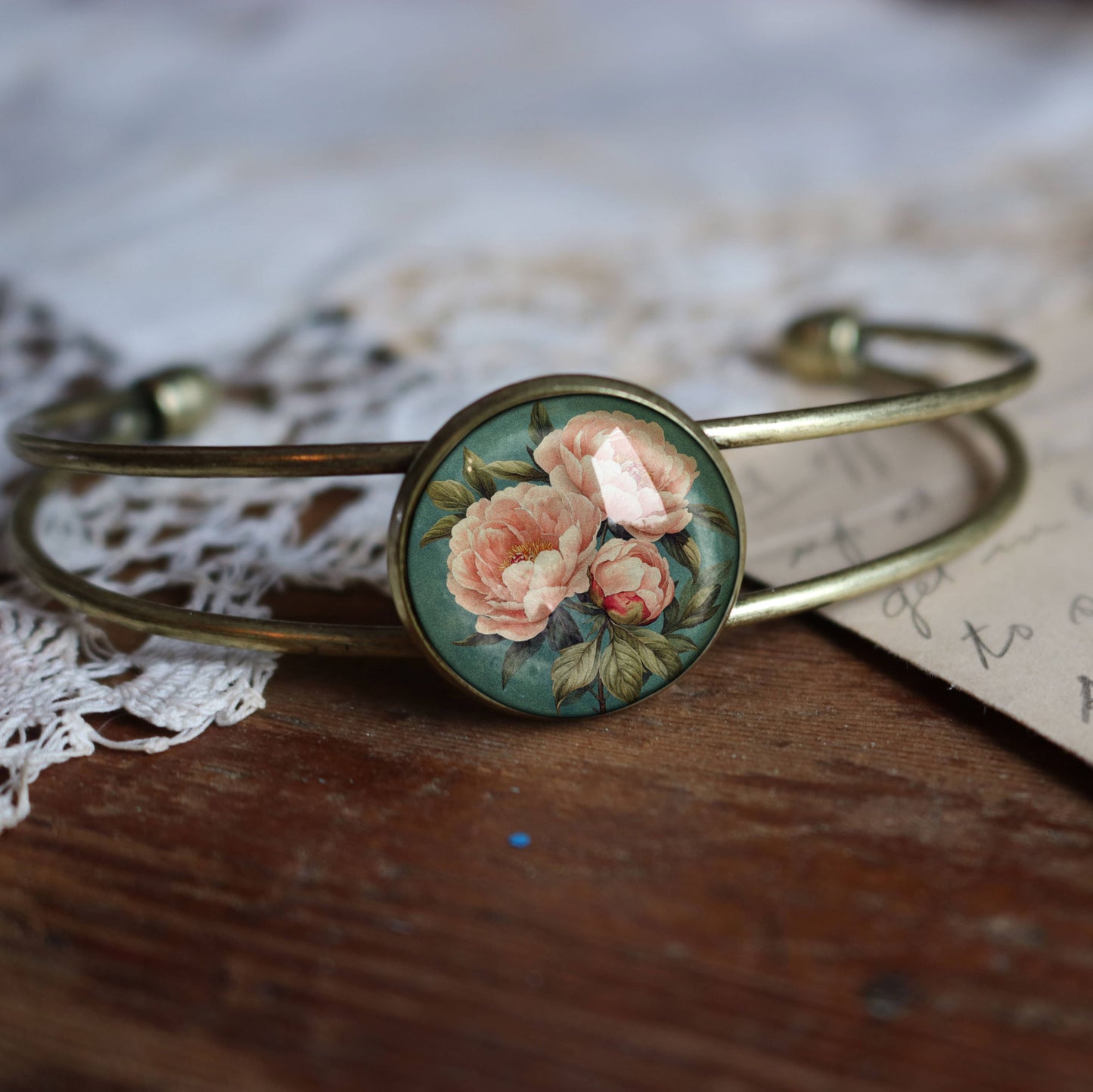 Pink Peony Cuff Bracelet - Spring - Glass Cabochon - Indiana State Flower