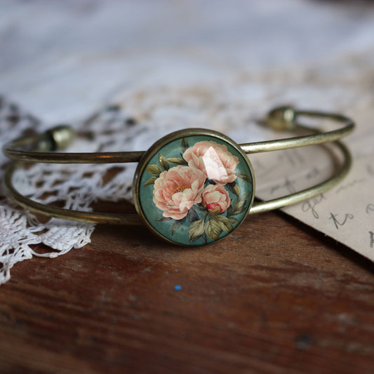 Pink Peony Cuff Bracelet - Spring - Glass Cabochon - Indiana State Flower