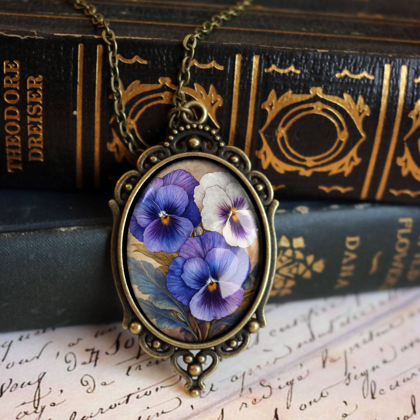 Purple Pansies Ornate Pendant Necklace - Spring Floral - Oval