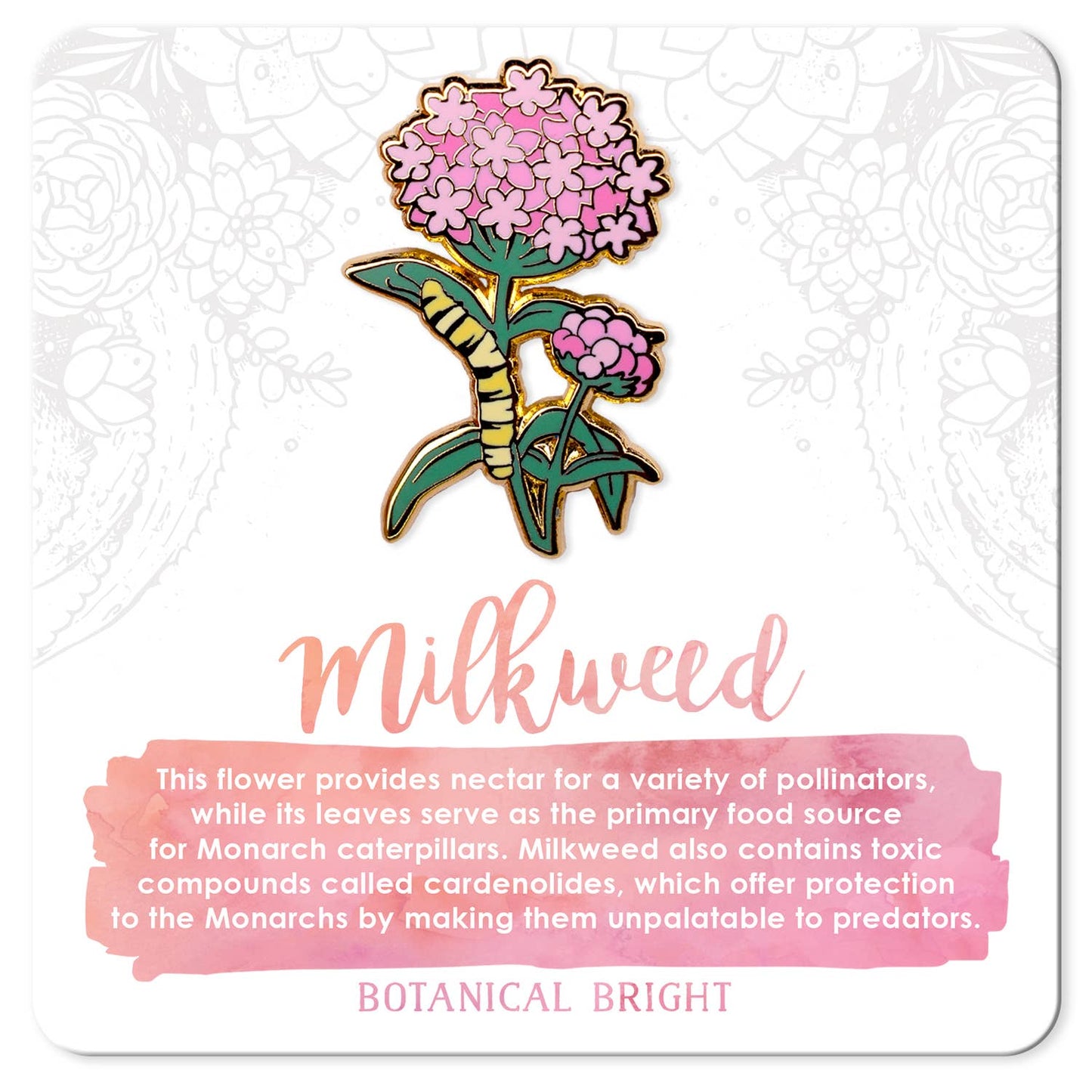 Milkweed & Monarch Caterpillar Enamel Pin - Gold Plated Nature Jewelry