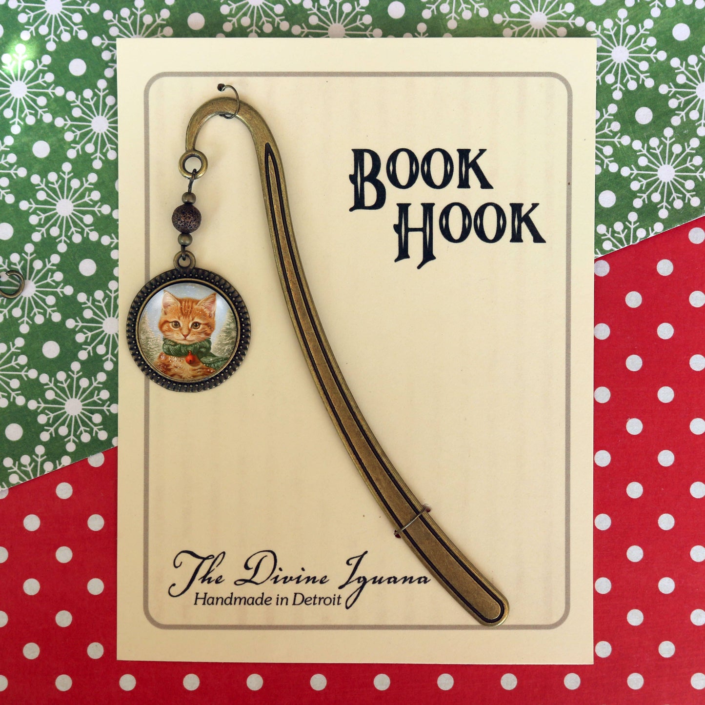 Orange Tabby Cat Bookmark - Christmas - Bronze and Glass Cabochon
