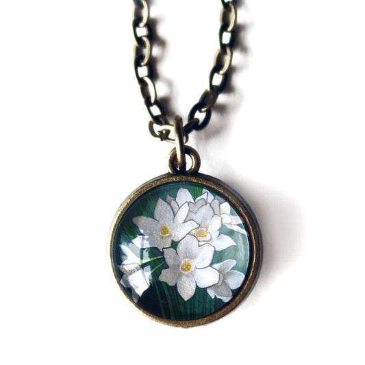 Paperwhite Narcissus Flower Pendant Necklace - Bronze & Glass Cabochon