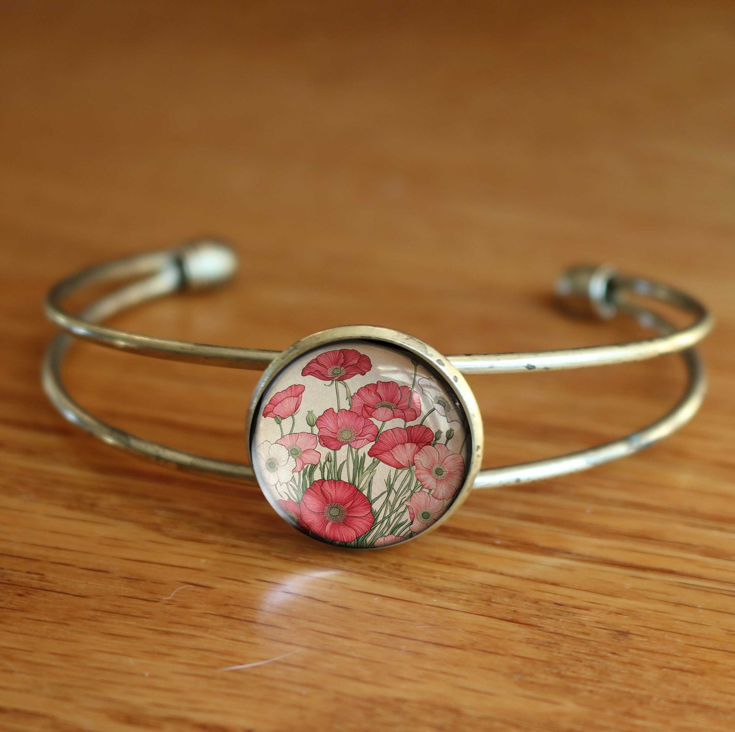 Pink and Red Poppy Flowers Cuff Bracelet - Bronze and Glass Cabochon