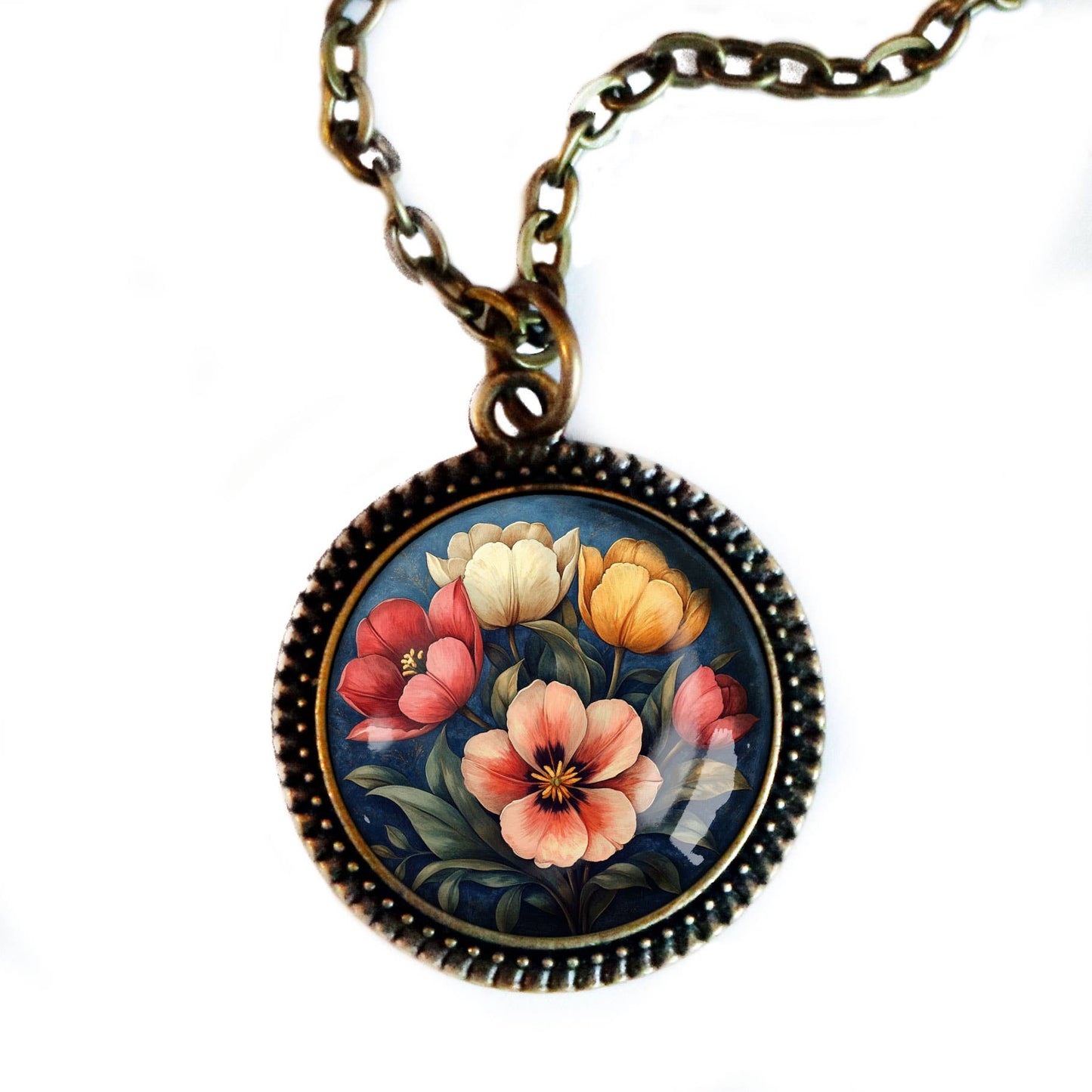 Moody Tulip Flowers Pendant Necklace - Glass Cabochon and Bronze - Spring