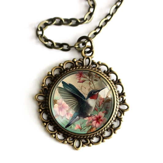 Hummingbird Ornate Necklace - Art Nouveau - Glass Cabochon