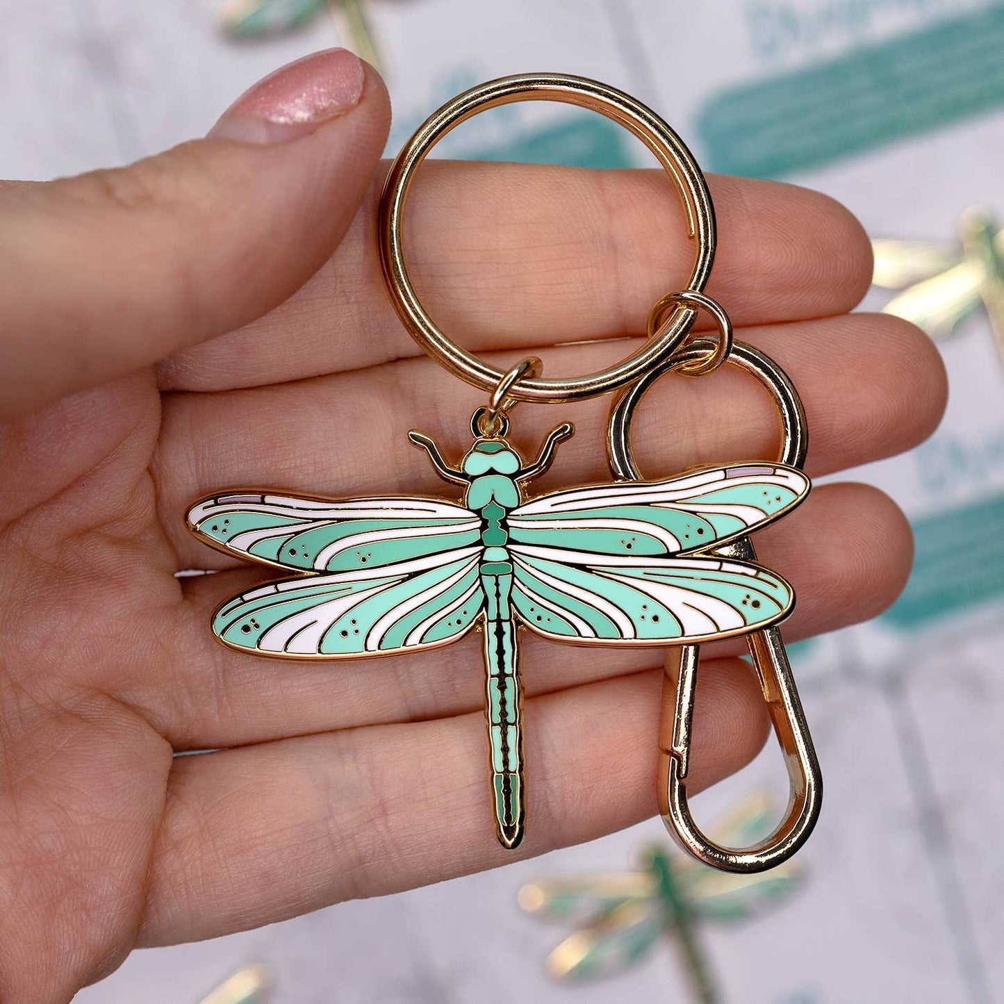 Dragonfly Enamel Keychain with Key Clip - Gold Plated Nature Accessory
