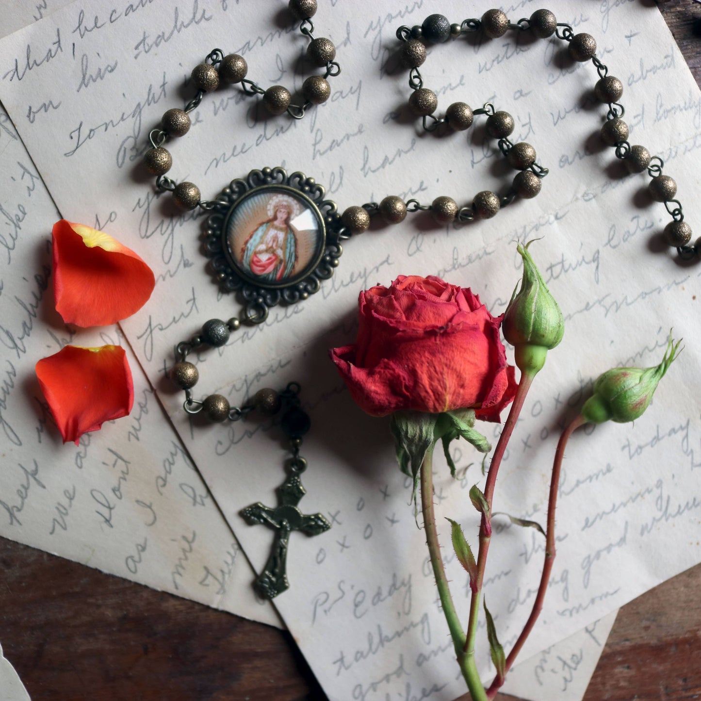 Bronze Glass Beaded Rosary - Black Accent Beads - Catholic