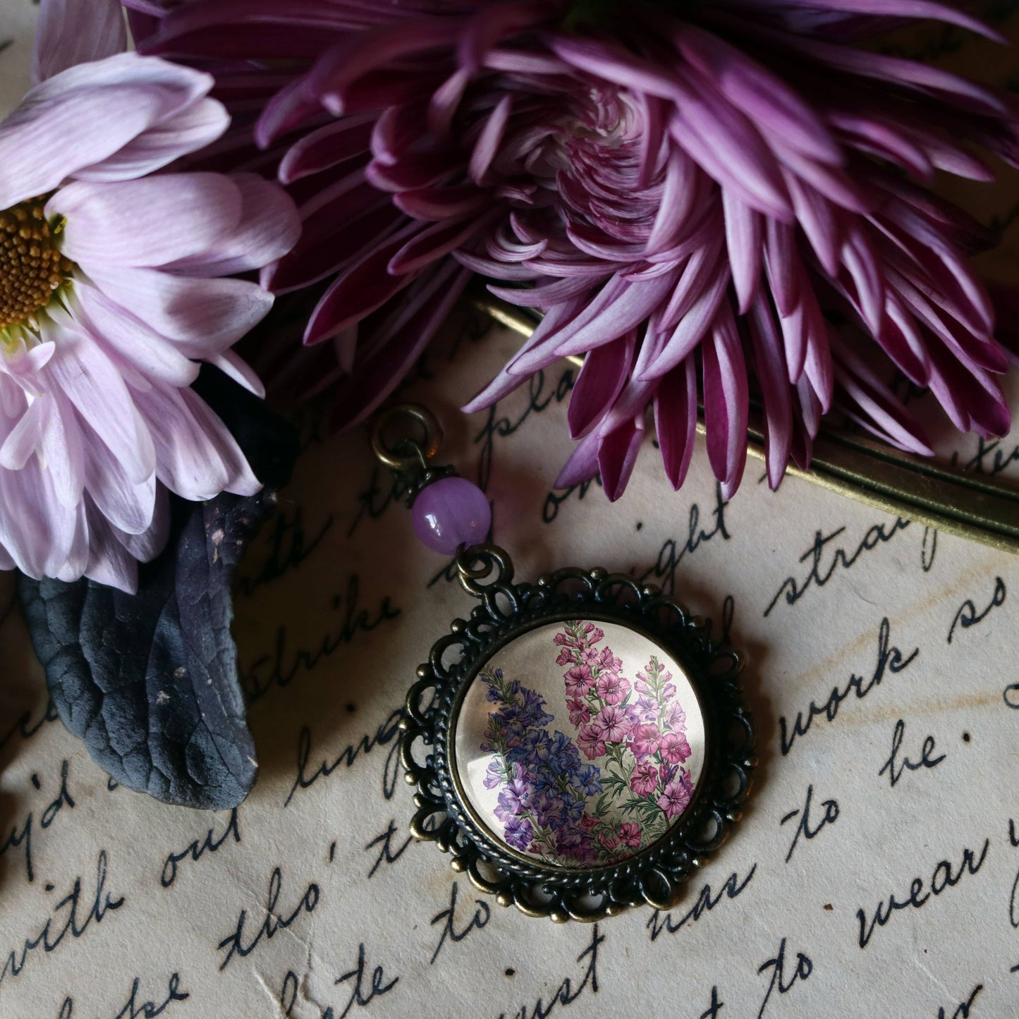 Larkspur Flower Bookmark - Delphinium - Bronze and Glass Cabochon