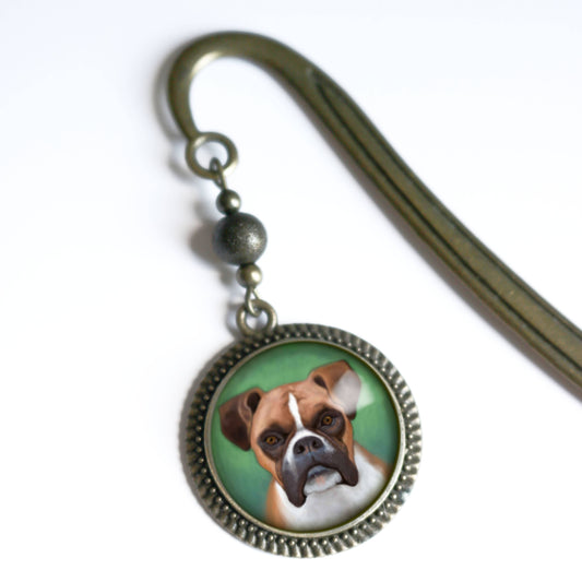 Boxer Dog Bookmark - "Best Friends" - Bronze and Glass Cabochon Book Hook