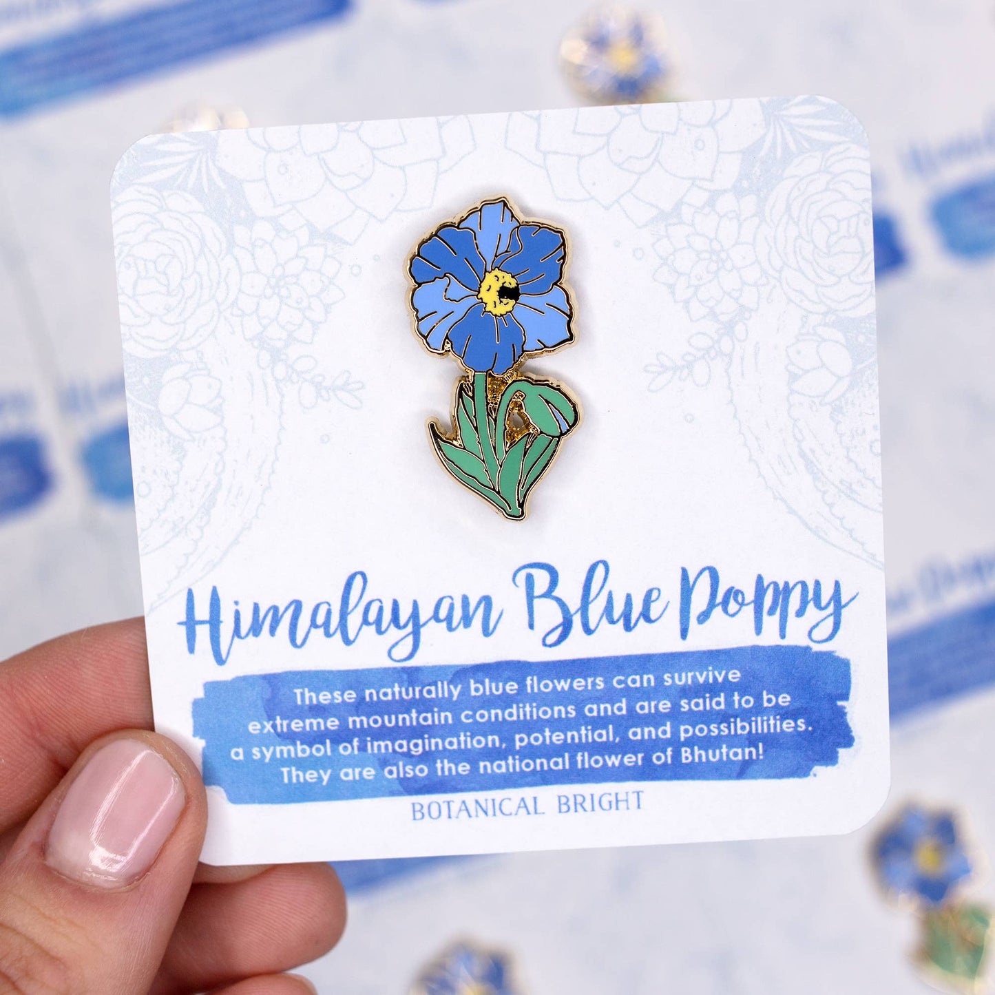 Himalayan Blue Poppy Enamel Pin - Gold Plated Nature Jewelry - Floral Brooch