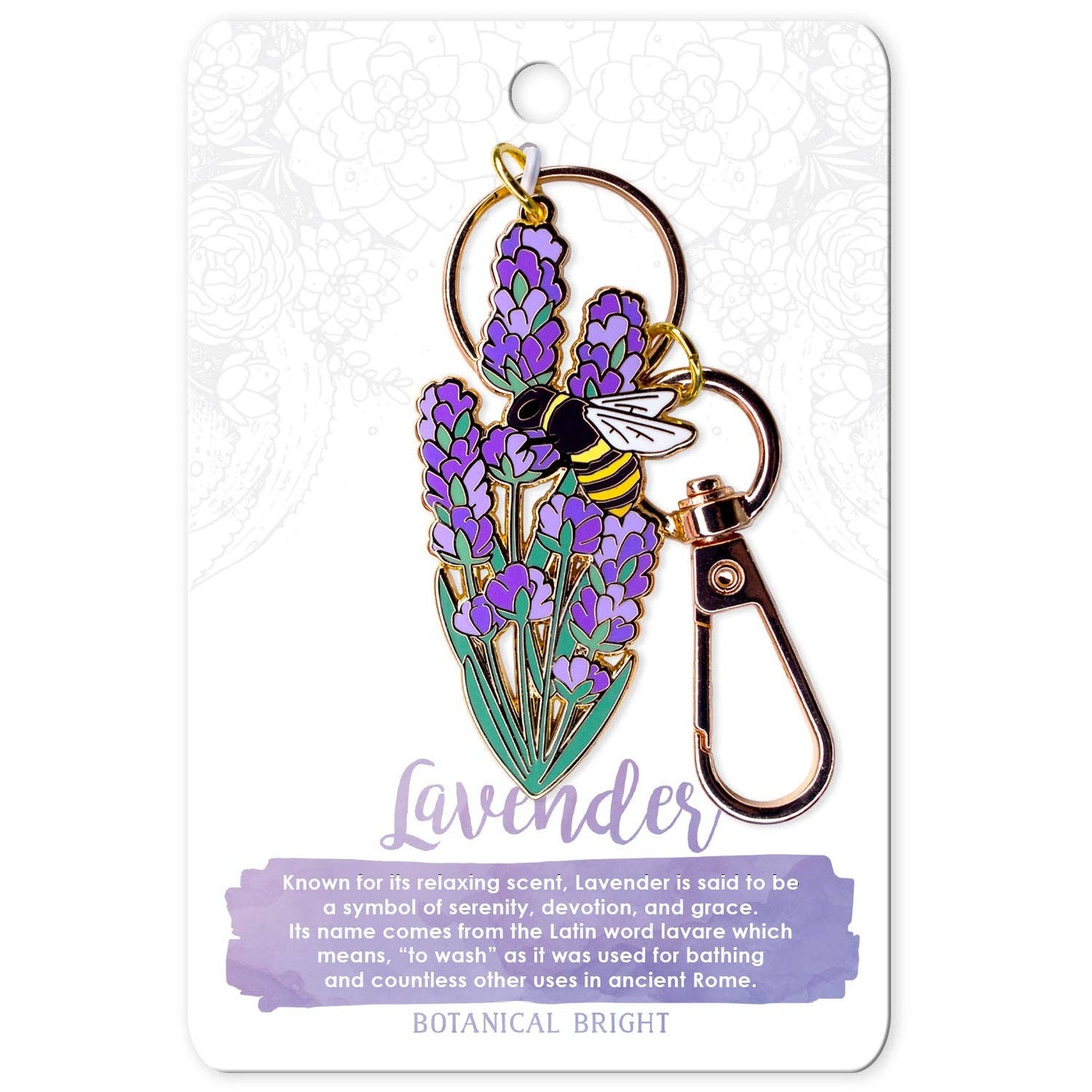 Bee and Lavender Flower Enamel Keychain with Key Clip