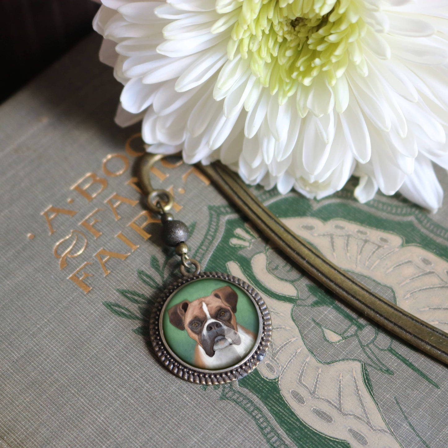 Boxer Dog Bookmark - "Best Friends" - Bronze and Glass Cabochon Book Hook