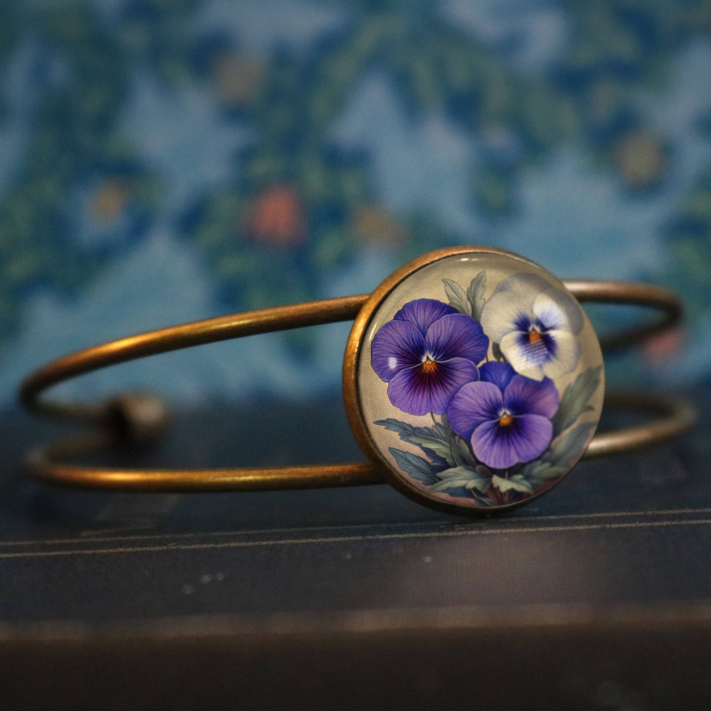 Purple Pansies Cuff Bracelet - Spring Floral - Bronze and Glass Cabochon