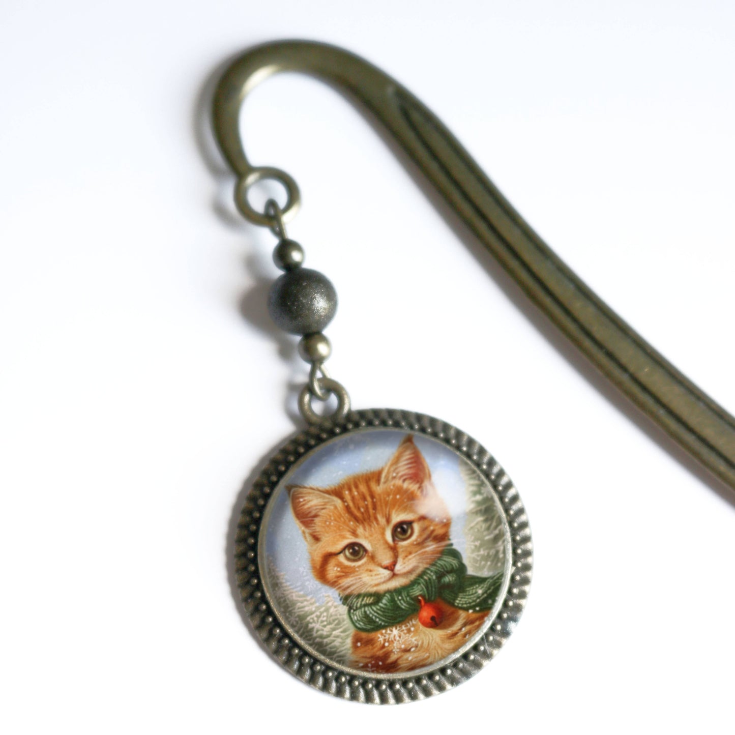 Orange Tabby Cat Bookmark - Christmas - Bronze and Glass Cabochon