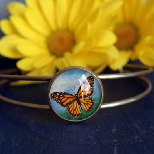 Monarch Butterfly Cuff Bracelet - Cottage Core - Bronze and Glass Cabochon