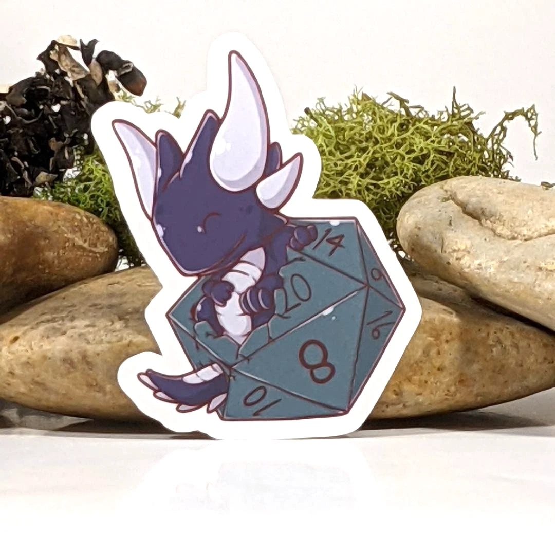 Black Baby Dragon Hatching from D20 Dice Sticker - 3" Waterproof Vinyl Decal