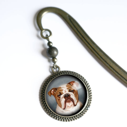 English Bulldog Bookmark - "Best Friends" - Bronze and Glass Cabochon Book Hook