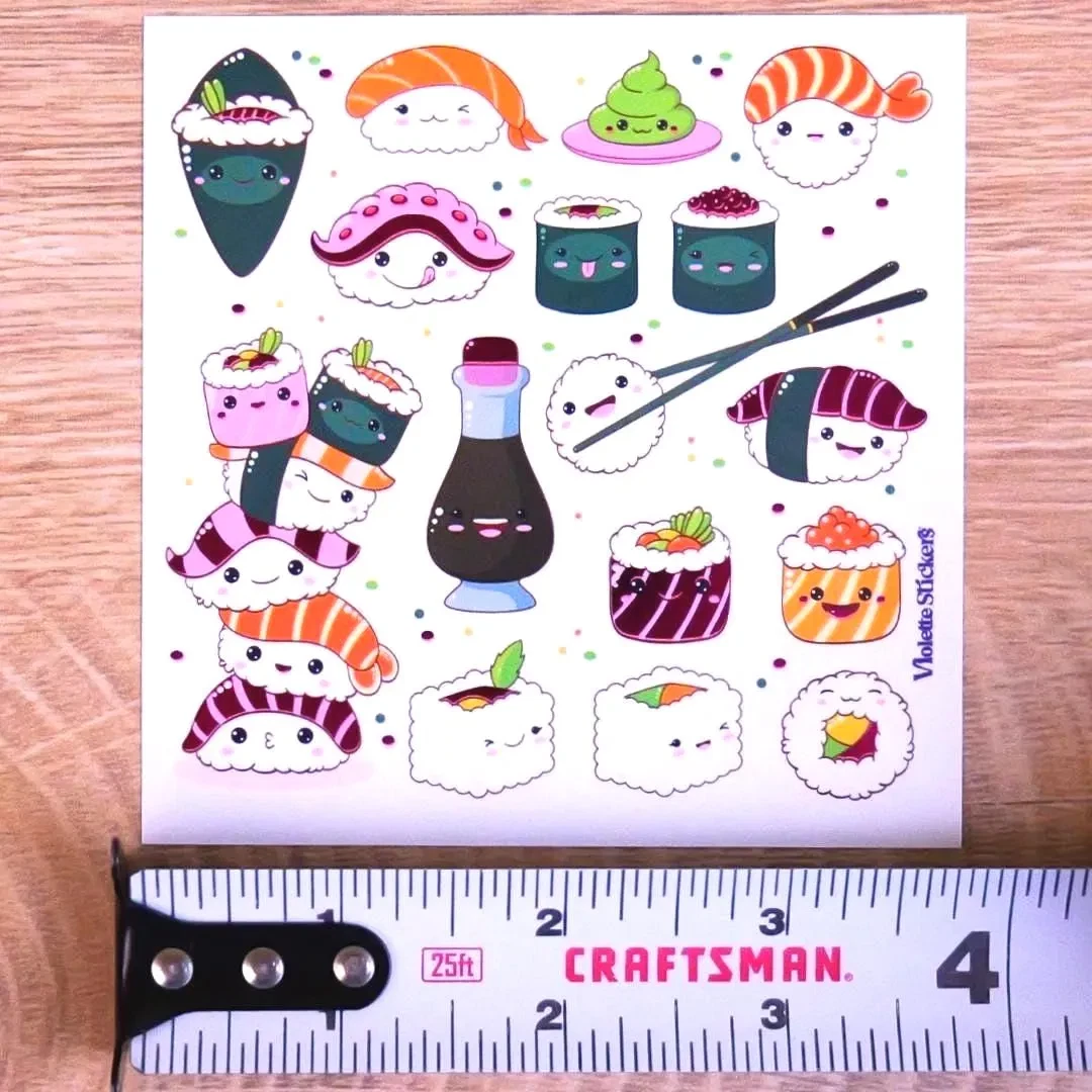 Happy Sushi Stickers - Cute Sashimi Food Sticker Sheets