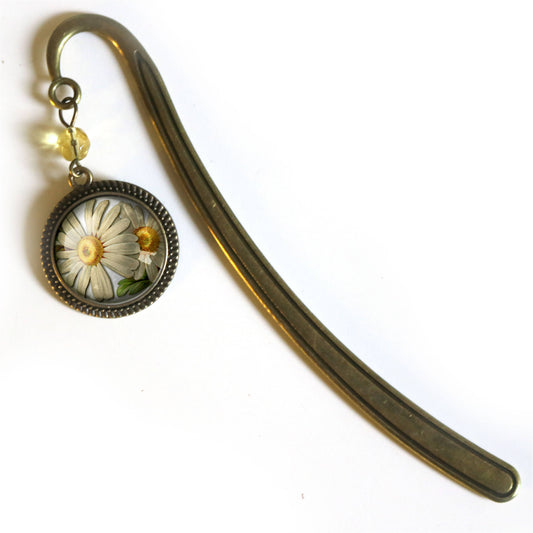 Summer Daisy Flowers Bookmark - Cottage Core - Glass Cabochon - Bronze