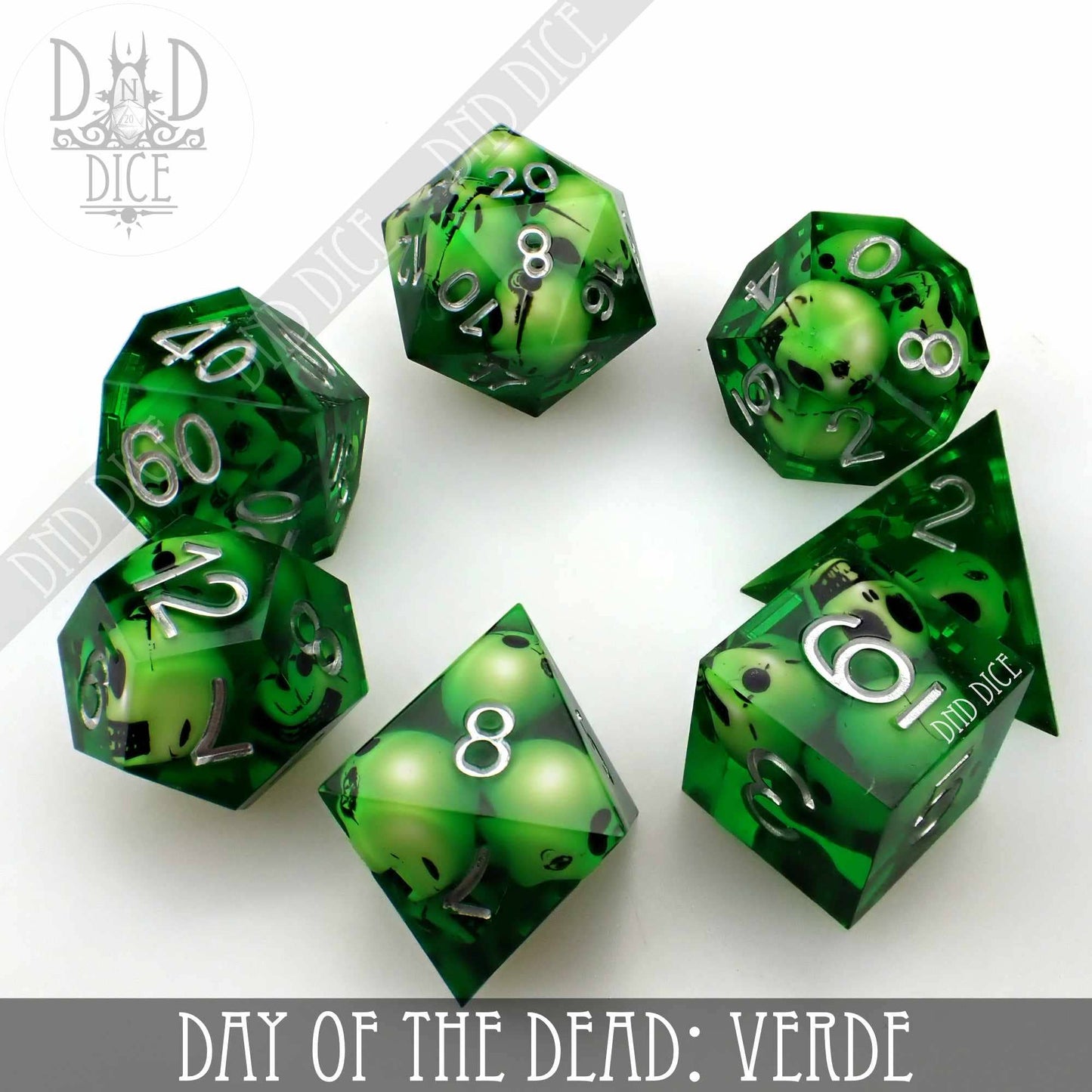 Dice Set - Day of the Dead - Verde - Handmade - 7 Resin Dice