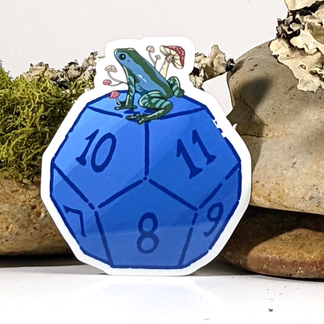 Mushroom Frog Sitting atop a D12 Polyhedral Dice Sticker - 3" Waterproof Vinyl Decal